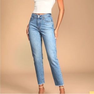 Wedgie Straight Medium Wash High-Rise Distressed Cropped Jeans